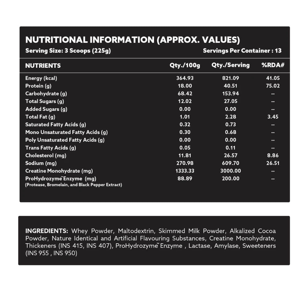 MASSUP High-Calorie Mass Gainer with 821 kcal, 40g Protein & ProHydrozyme®