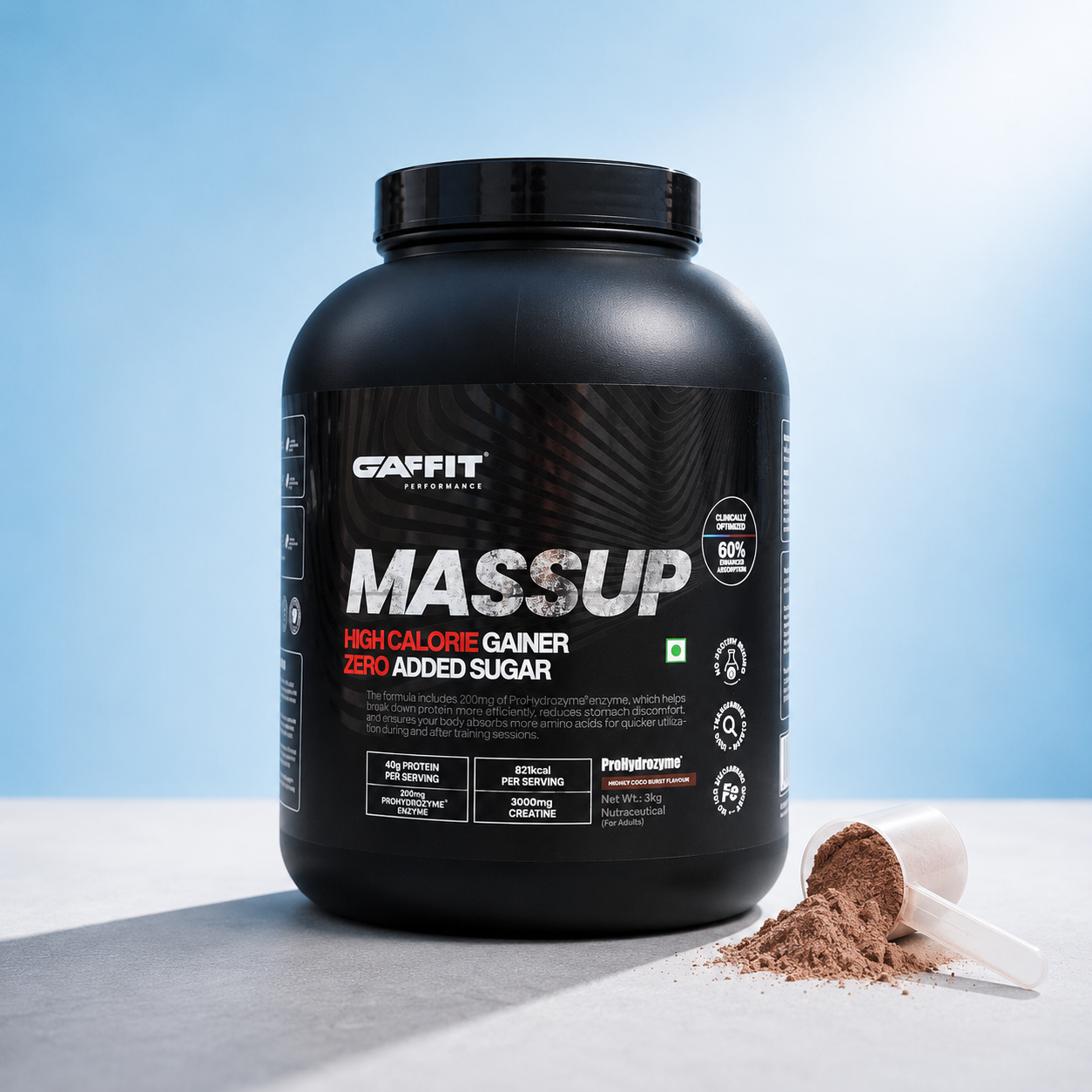 MASSUP High-Calorie Mass Gainer with 821 kcal, 40g Protein & ProHydrozyme®